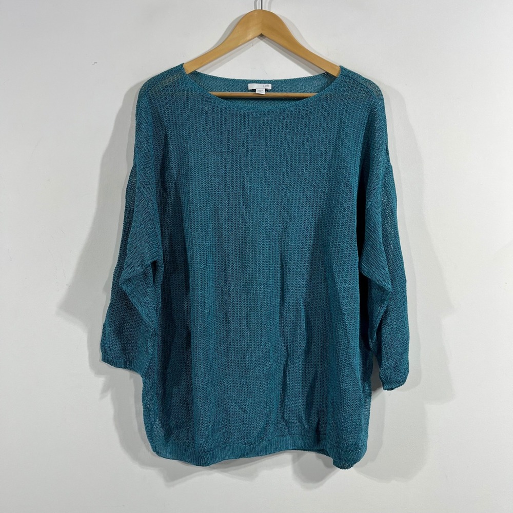 J. Jill Coastal Fisherman Blue Linen Blend Open Knit Boat Neck Dolman Sweater 2X